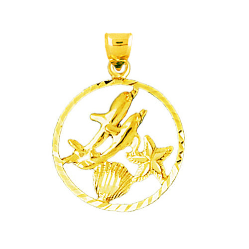 14K Gold Two Dolphins Circled Medallion