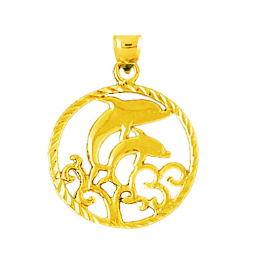 14K Gold Dolphins with Waves Encircled Pendant