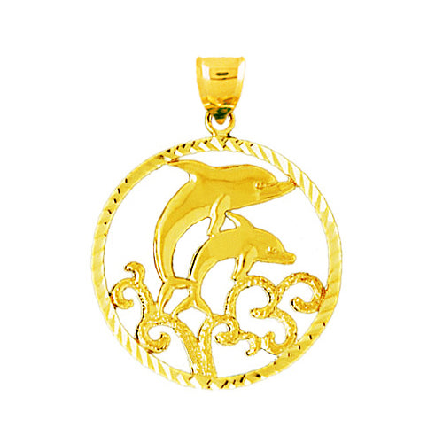 14K Gold Dolphins Making Waves Encircled Pendant