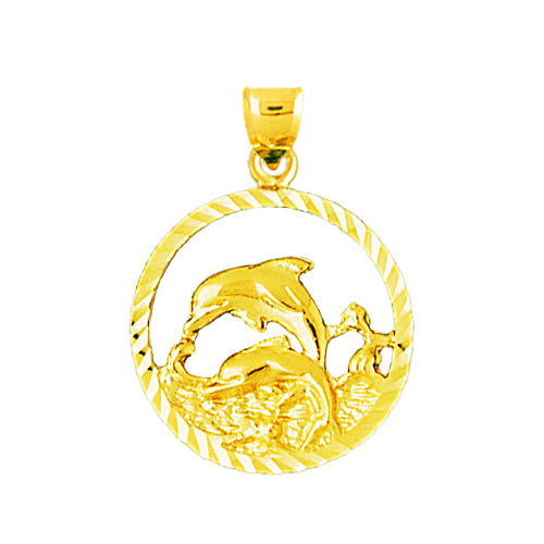 14K Gold Dolphins Encircled Pendant Medallion
