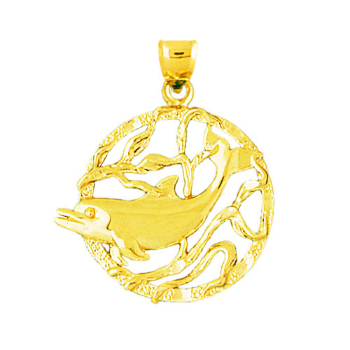 14K Gold Kelp Seascape Dolphin Circle Pendant