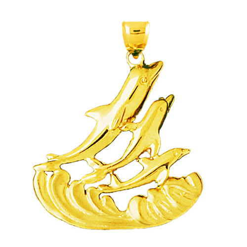 14K Gold Dolphins with Splash Pendant