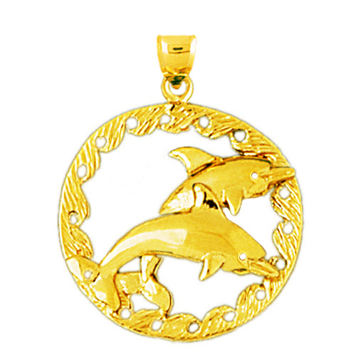 14K Gold Twin Dolphins with Ring of Waves Pendant