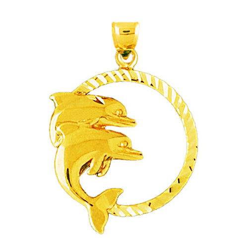 14K Gold Two Dolphins Circle Pendant