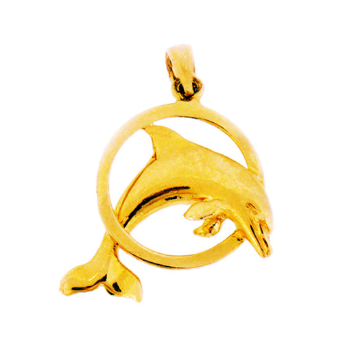 14K Gold Dolphin Jumping Through Ring Pendant