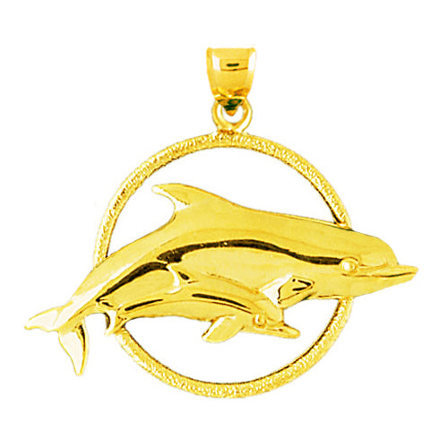 14K Gold Dolphin and Calf Jumping Through Hoop Pendant