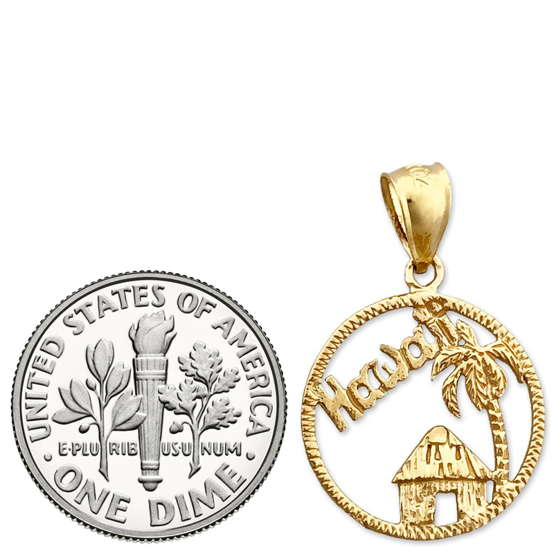 14K Gold Encircled Hawaii with Hawaiian Hut Charm