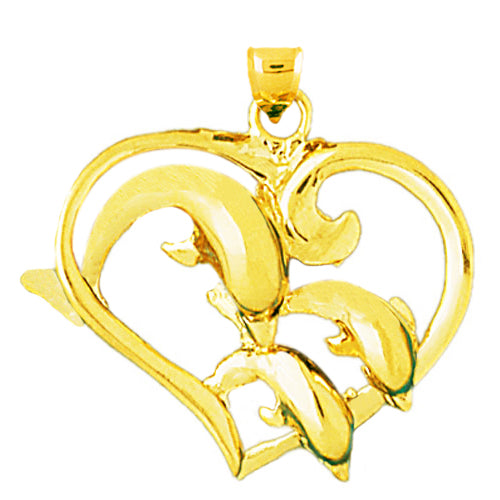 14K Gold Dolphins Jumping Through Heart Pendant