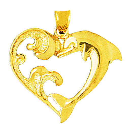 14K Gold Dolphin and Waves Heart Pendant
