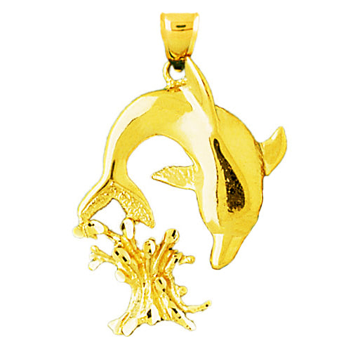 14K Gold Dolphin Glistening Splashing Pendant
