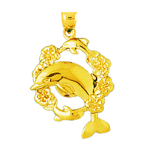 14K Gold Dolphin Jumping Through Hibiscus Pendant