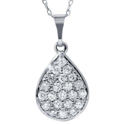 1/2ct Diamond Pave Diamond Pear Shape Cluster Pendant 14K White Gold 3/4" Tall