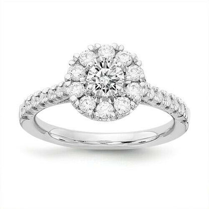1.00CT Floral Halo Round Real Diamond Engagement Ring 14K White Gold