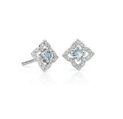 REAL Diamond Aquamarine March Birthstone Floral Stud Earrings in 14k Gold