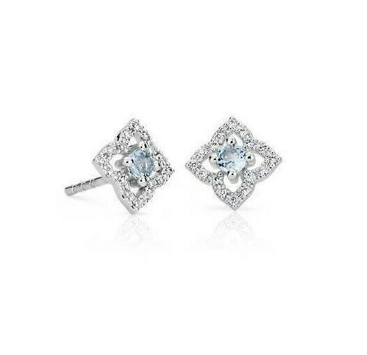 REAL Diamond Aquamarine March Birthstone Floral Stud Earrings in 14k Gold