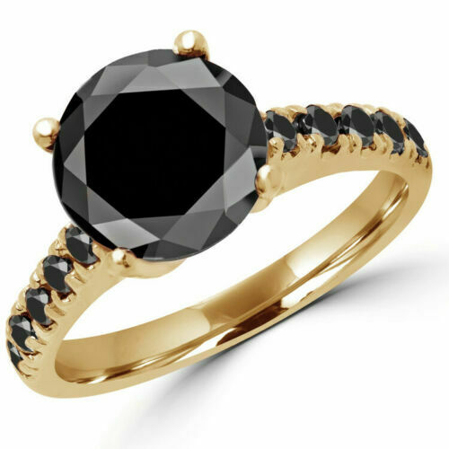 3.00 Ct Round Cut Genuine Black Diamond Engagement Ring Solid 10k Yellow Gold