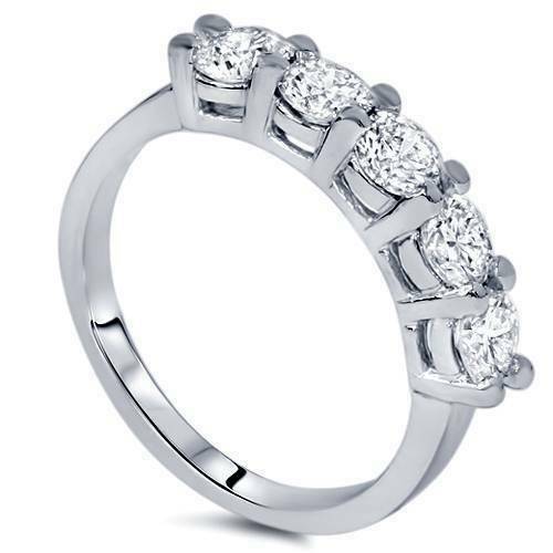 1ct Five Stone Genuine Round Diamond Wedding Anniversary Ring 8K White Gold