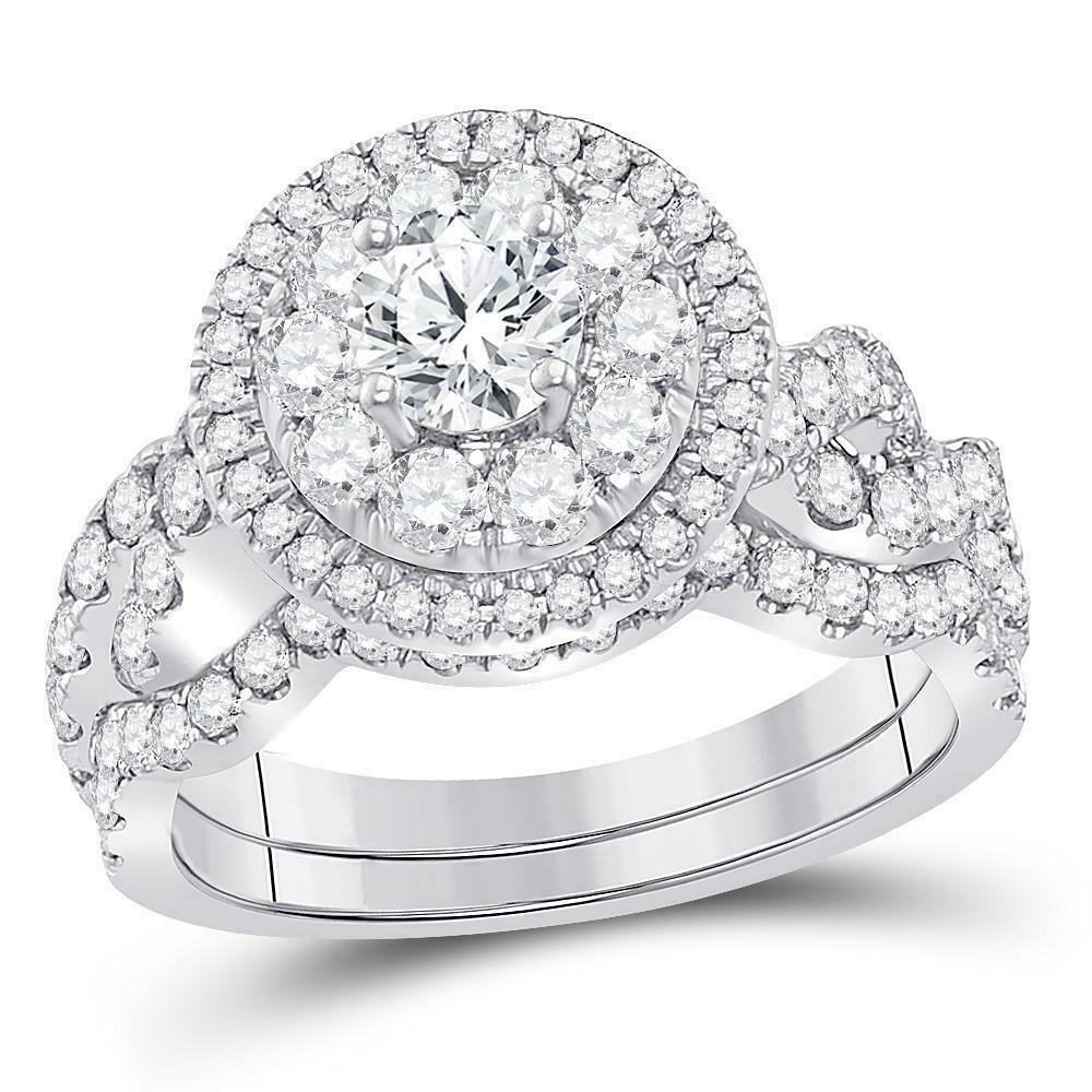 2 Ct Real Diamond Halo Engagement Wedding Bridal Ring Set in 14K White Gold