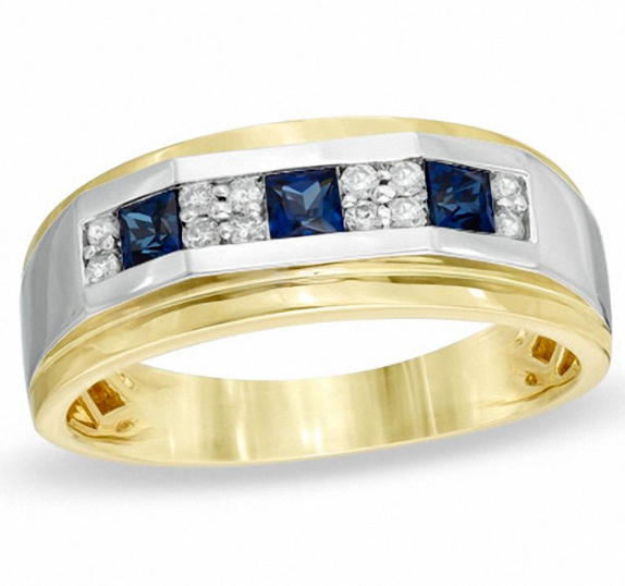 Men's Square-Cut Lab-Created Blue Sapphire and 1/5 CT. T.W. Diamond Ring