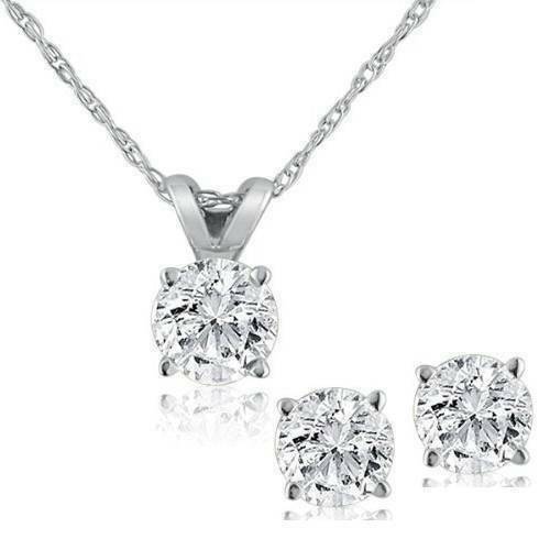 Genuine Diamond Solitaire Necklace & Studs Earrings Set 3/4 Ct. 14K White Gold