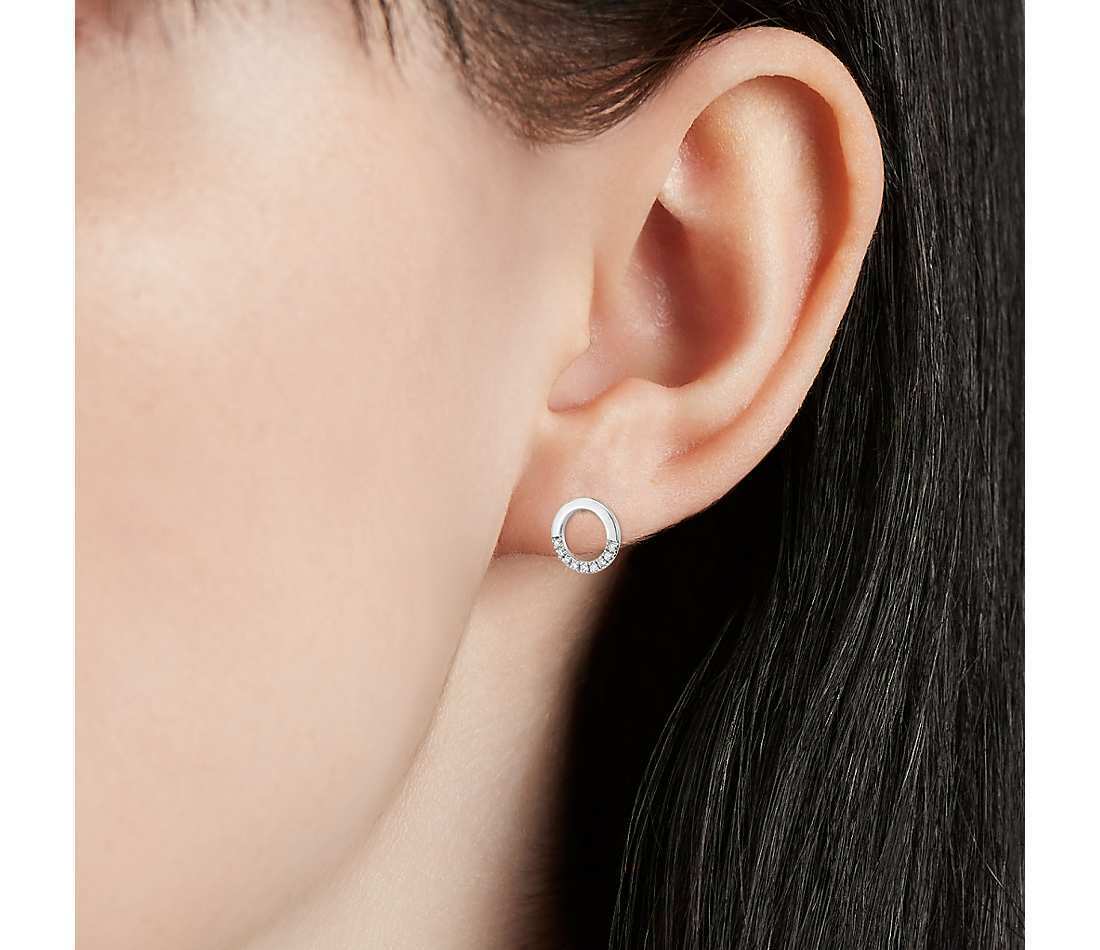 Small Real Diamond Open Circle Earrings in 14k White Gold (1/10 ct. tw.)