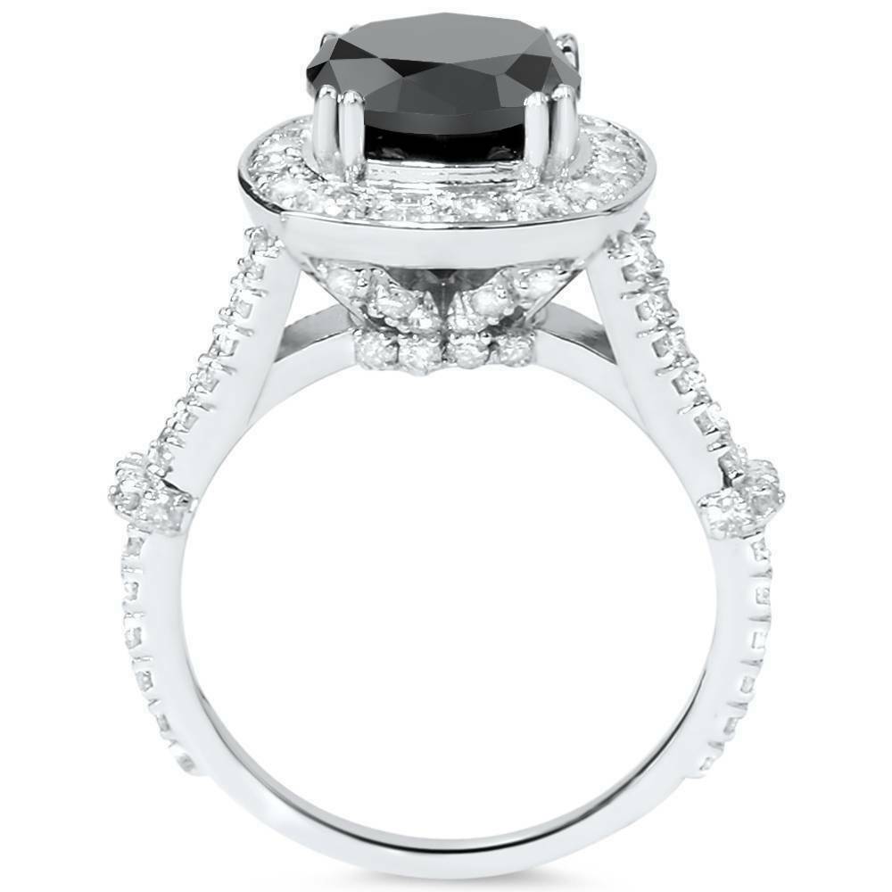 4ct Black REAL Diamond Cushion Vintage Engagement Ring 14K White Gold