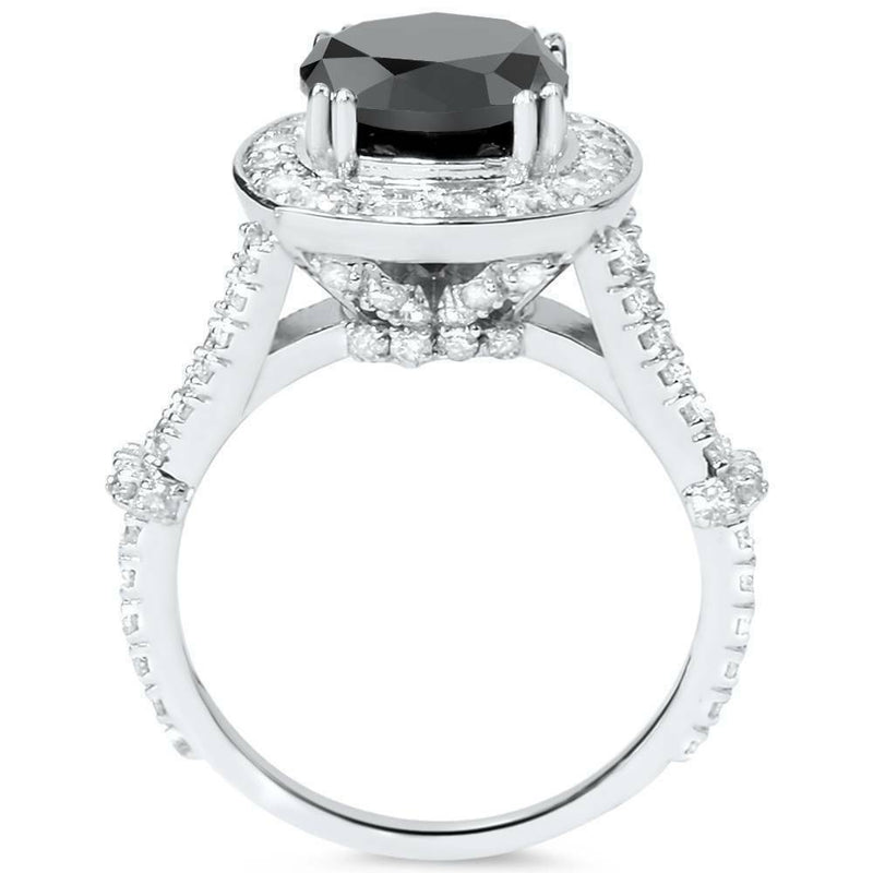 4ct Black REAL Diamond Cushion Vintage Engagement Ring 14K White Gold