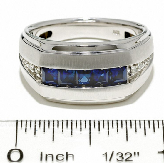 Men's Lab-Created Blue Sapphire Diamond Ring in 14K White Gold