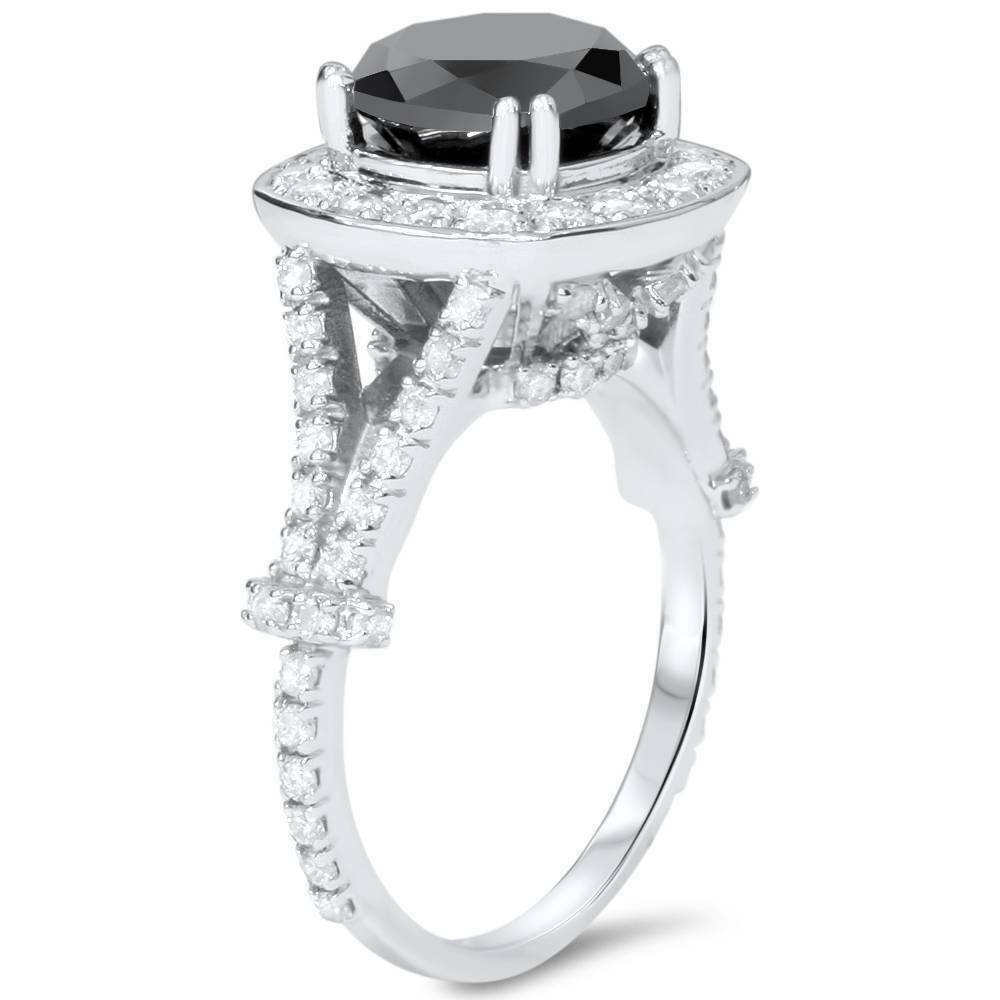 4ct Black REAL Diamond Cushion Vintage Engagement Ring 14K White Gold