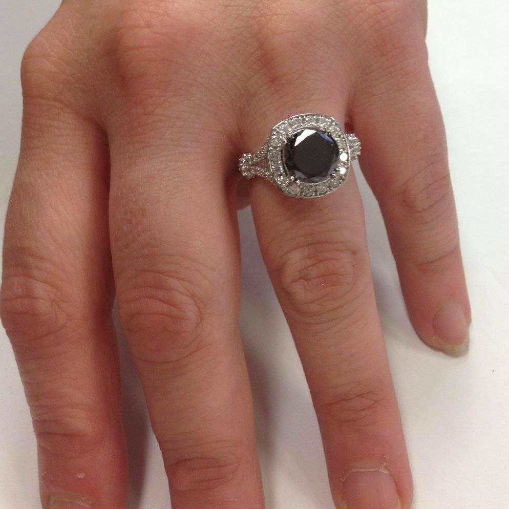 4ct Black REAL Diamond Cushion Vintage Engagement Ring 14K White Gold