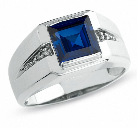 Men's Lab-Created Blue Sapphire Ring in 14K White Gold w/ REAL Diamonds