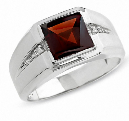 Men's Square Garnet Ring in 14K White Gold with Diamond Accents