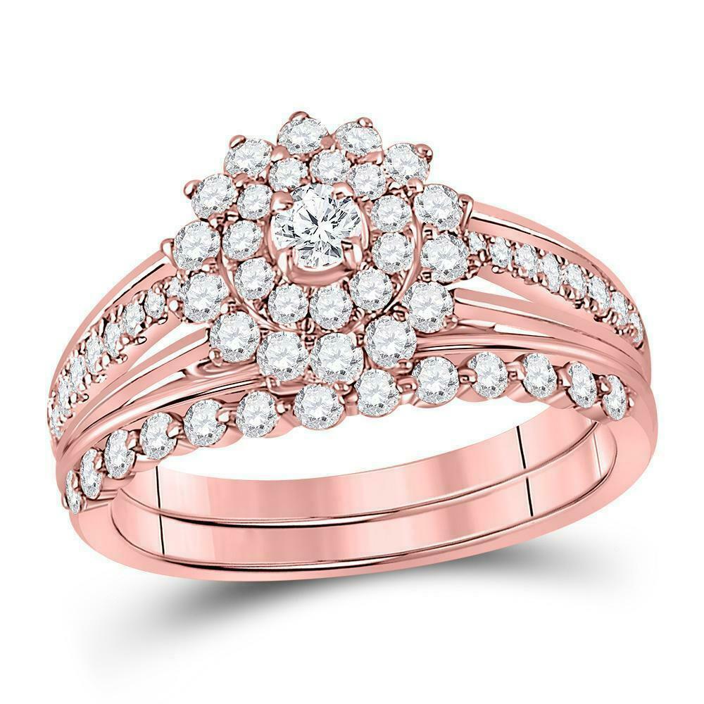 1 Carat Round Diamond Floral Halo Engagement Wedding Ring Set 14K Rose Gold