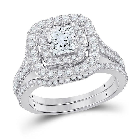 2 Carat Princess Diamond Cushion Halo Engagement Wedding Ring Set White Gold