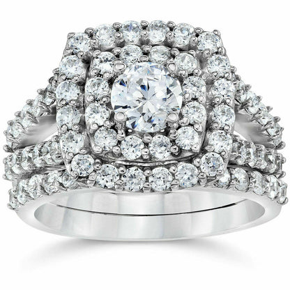 CERTIFIED 2 Carat Diamond Cushion Halo Engagement Wedding Ring Set White Gold