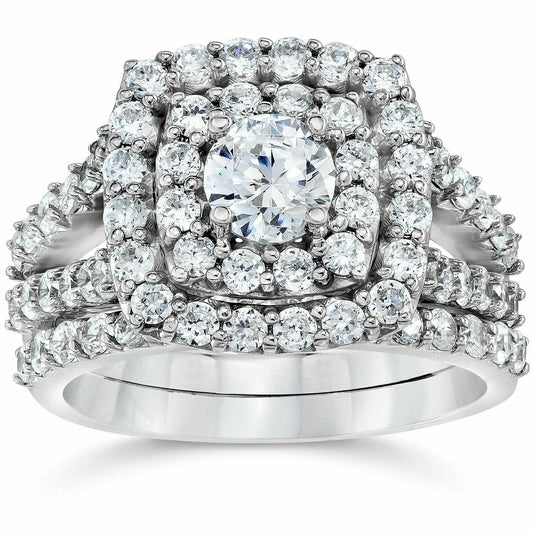 CERTIFIED 2 Carat Diamond Cushion Halo Engagement Wedding Ring Set White Gold