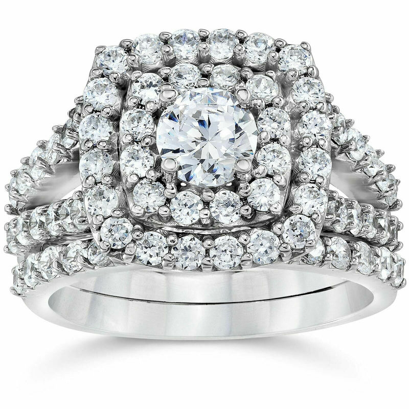 CERTIFIED 2 Carat Diamond Cushion Halo Engagement Wedding Ring Set White Gold
