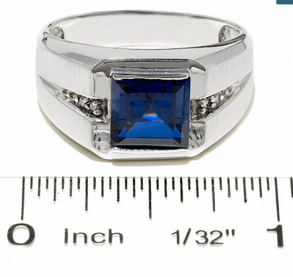 Men's Lab-Created Blue Sapphire Ring in 14K White Gold w/ REAL Diamonds