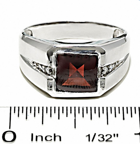 Men's Square Garnet Ring in 14K White Gold with Diamond Accents