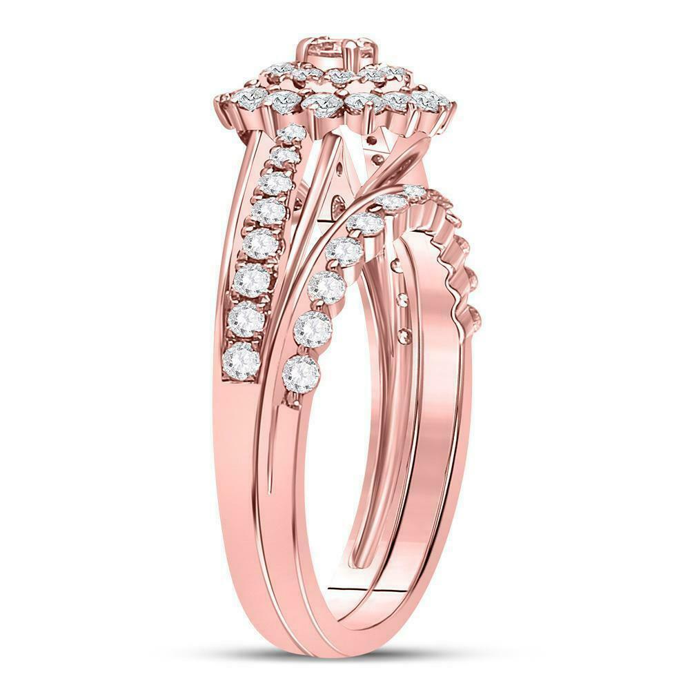 1 Carat Round Diamond Floral Halo Engagement Wedding Ring Set 14K Rose Gold