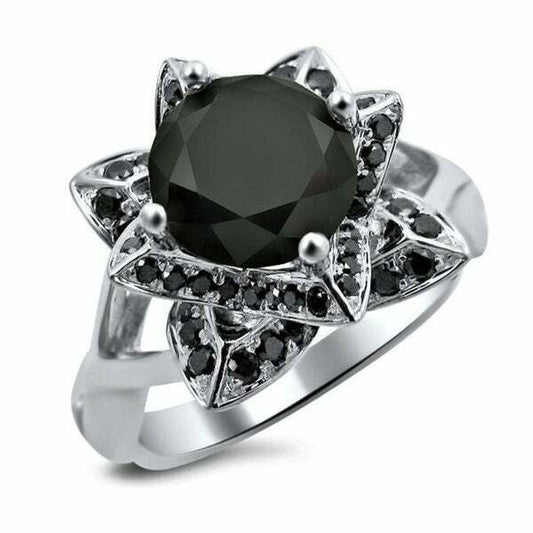 14k White Gold 3ct TDW Black Diamond Lotus Flower Round Engagement Ring