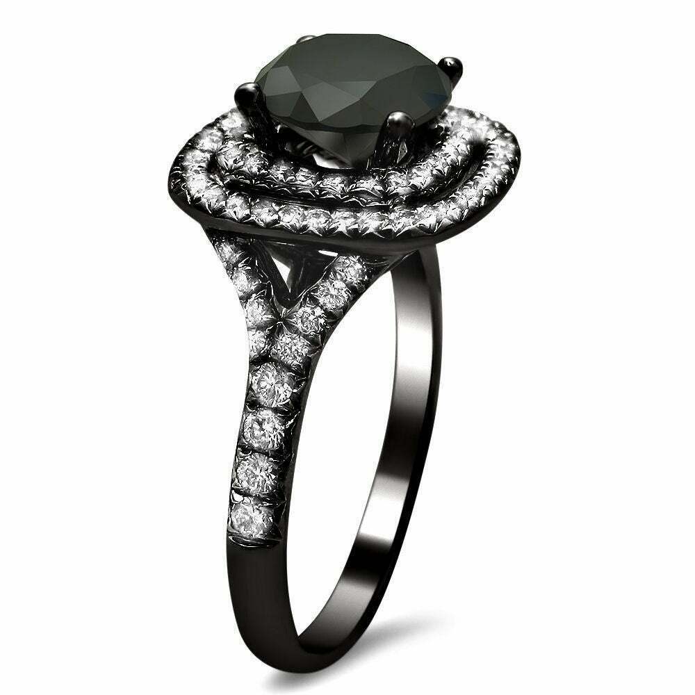 NEW 2 1/2ct Certified Double Halo Black & White Diamond Ring 14k Black Gold