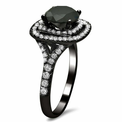 NEW 2 1/2ct Certified Double Halo Black & White Diamond Ring 14k Black Gold