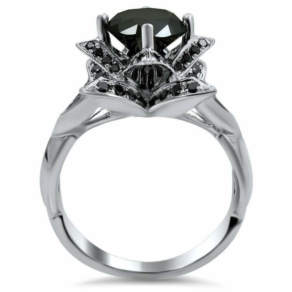 14k White Gold 3ct TDW Black Diamond Lotus Flower Round Engagement Ring