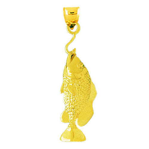 14K Gold 3D Bass On a Fish Hook Pendant