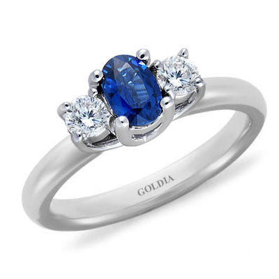 Three-Stone Oval Blue Sapphire and Diamond Ring White Gold