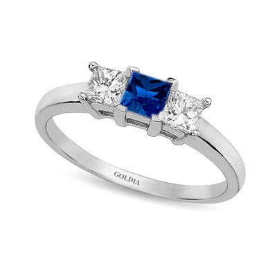 Three-Stone Princess Cut Blue Sapphire and Diamond Ring White Gold