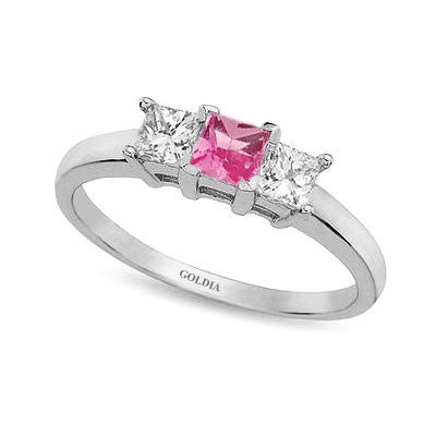 Three-Stone Princess Cut Pink Sapphire and Diamond Ring White Gold