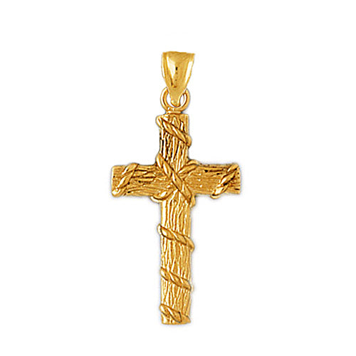 14K Gold Woodgrain Cross with Rope Pendant