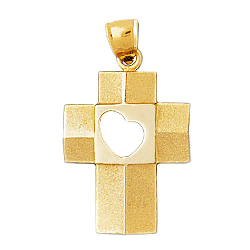 14K Gold Cross with Open Heart Pendant